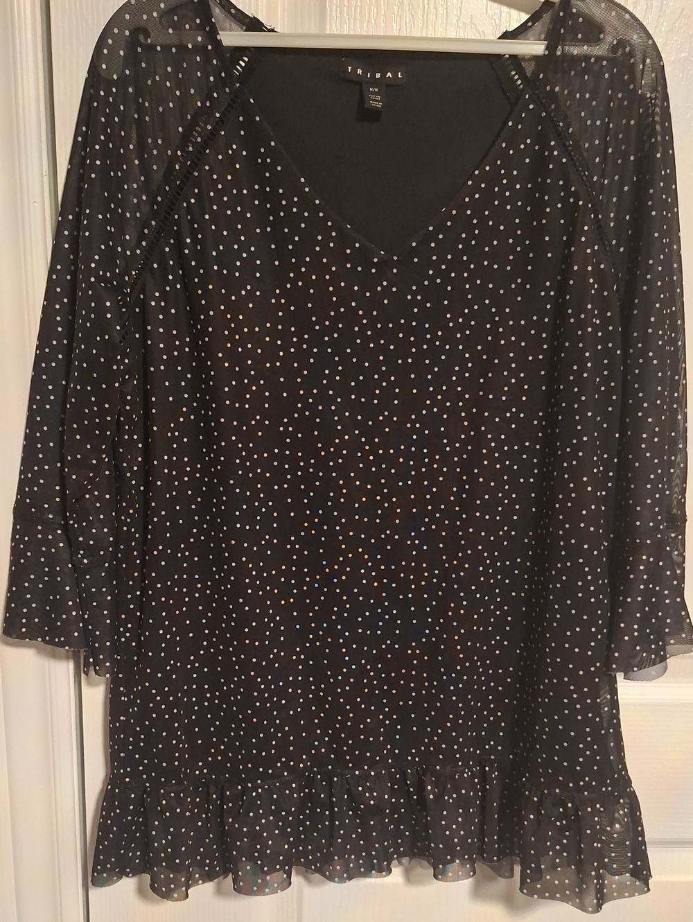 Tribal Black and White Polka Dot V-Neck Ruffle-Hem Tunic